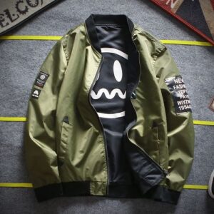 Fashion Bomber Jacket Coat Patchwork Zipper Two Sides Double Side - Green
